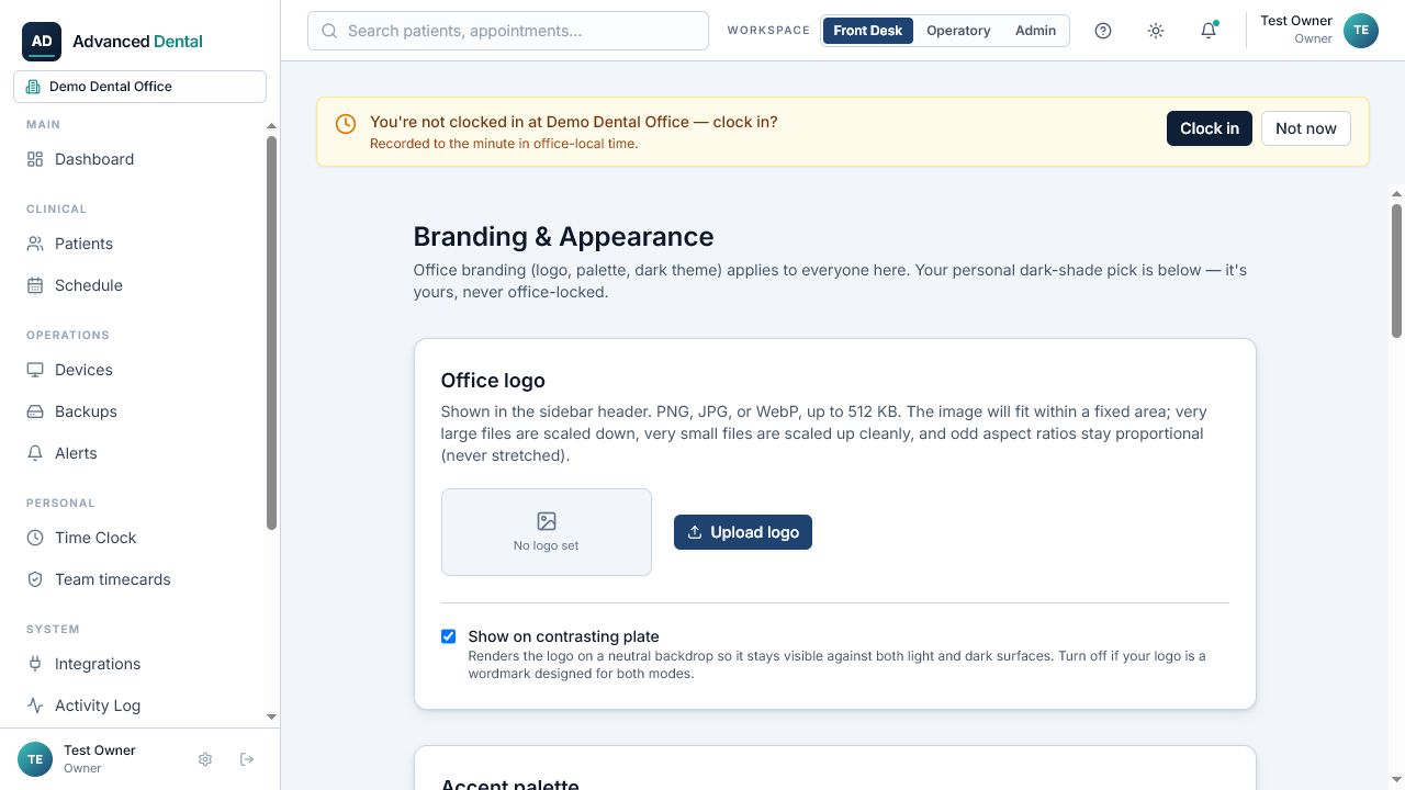 Advanced Dental Branding and Appearance settings in light mode — office logo upload, a contrasting-plate option, and accent-palette controls.