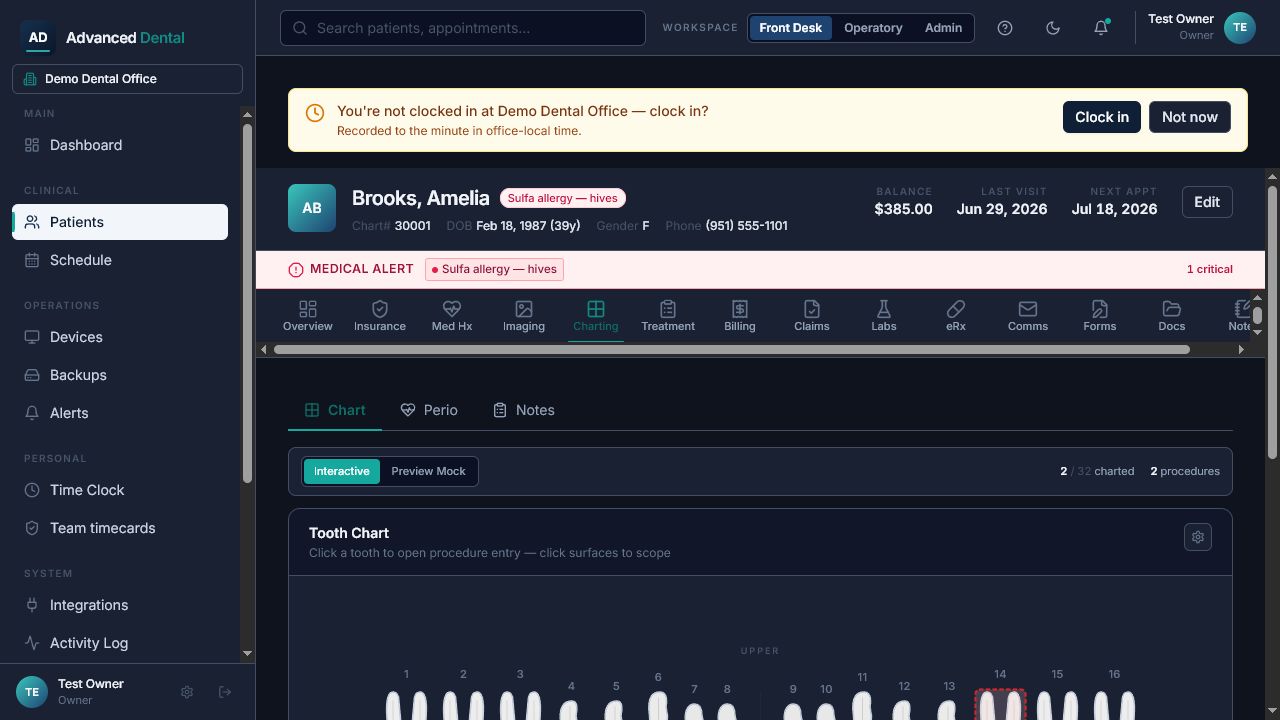 Advanced Dental clinical charting in dark mode — an interactive tooth chart with Chart, Perio, and Notes tabs and a medical-alert safety banner.