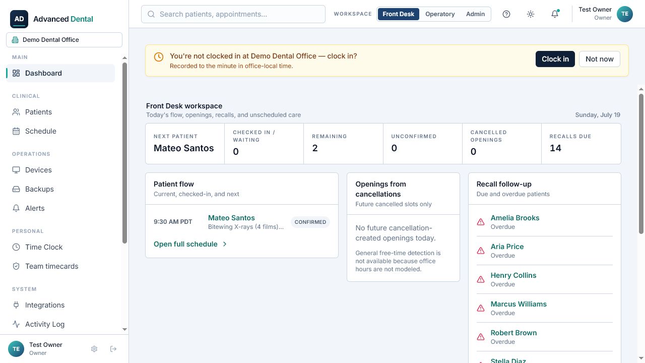 Advanced Dental Front Desk workspace in light mode — patient flow, cancelled-slot openings, and recall follow-up. Synthetic demo data.