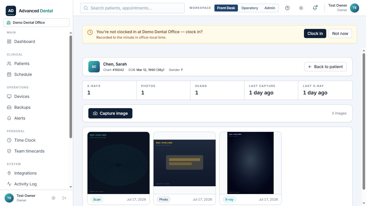 Advanced Dental imaging workspace in light mode — capture and import controls with a thumbnail gallery. The images shown are simulated mock content, not diagnostic radiographs.