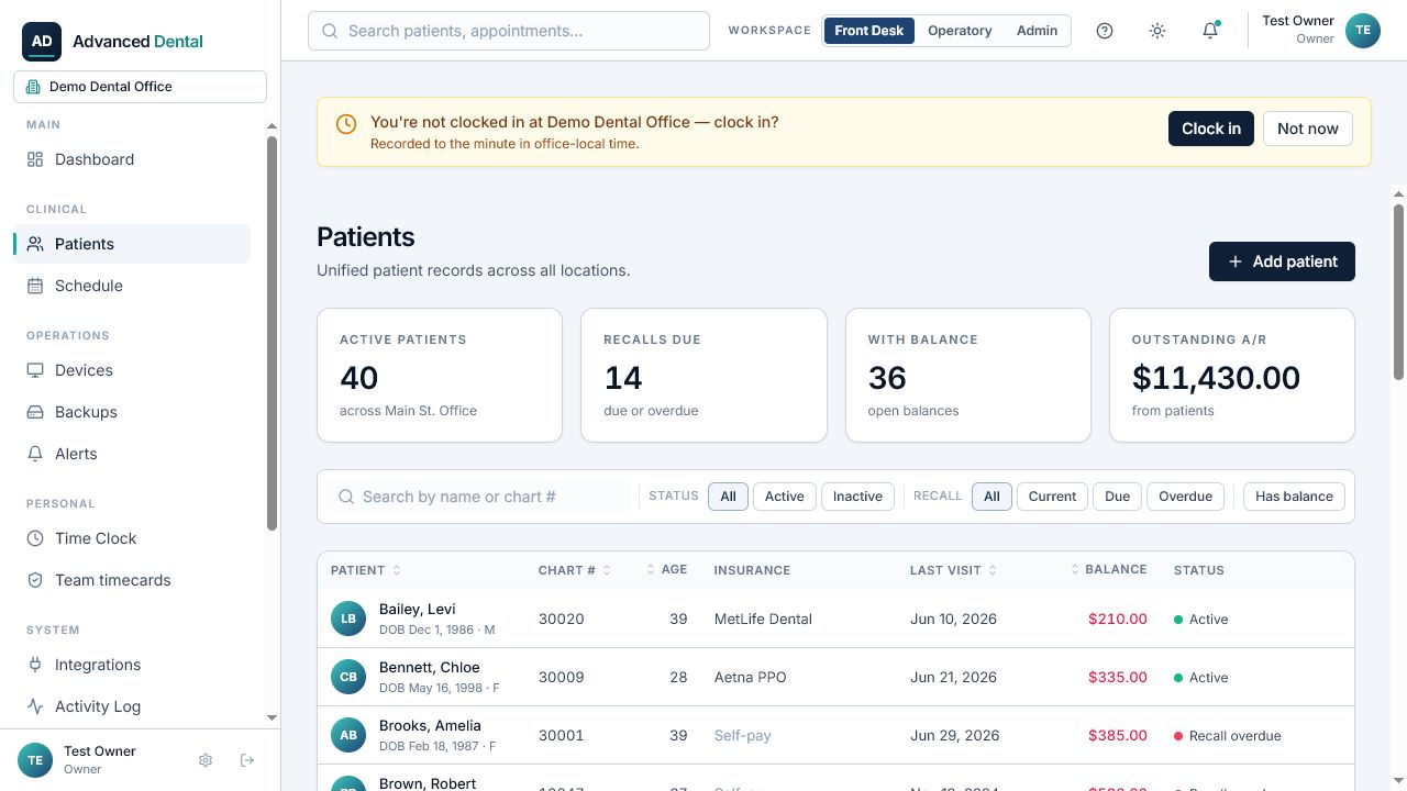 Advanced Dental patient roster in light mode populated with synthetic demo data, showing recall and balance filters and account-summary cards. No real patient information is shown.