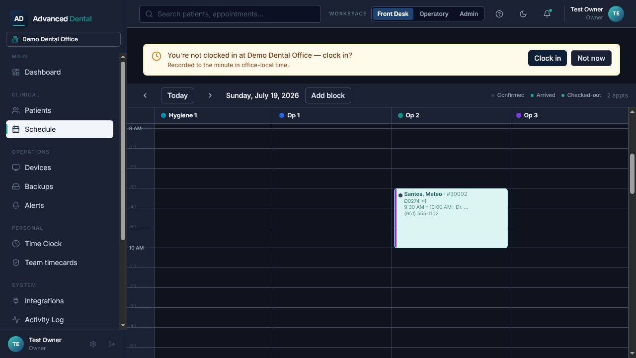 Advanced Dental daily schedule in dark mode — an operatory day grid with appointment cards.